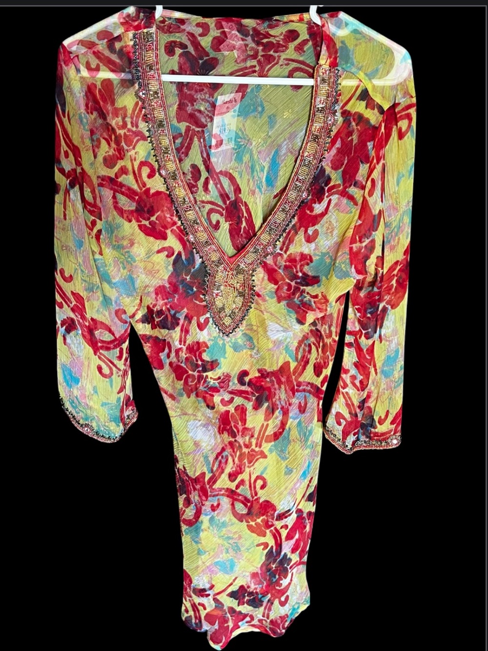 NWT Solitaire V-Neck Beaded Floral Sheer Dress Size L